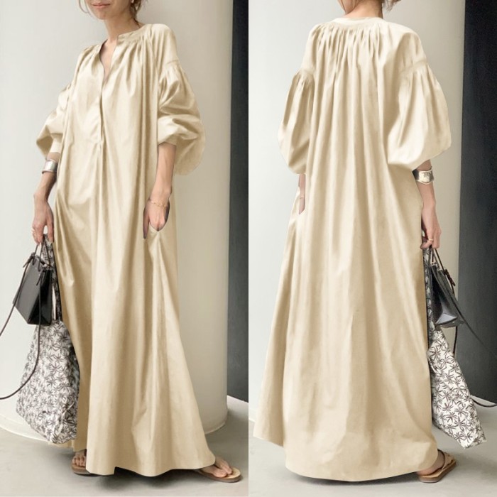 Fashion Elegant Solid Color Shirt Casual Loose V Neck Maxi Dress