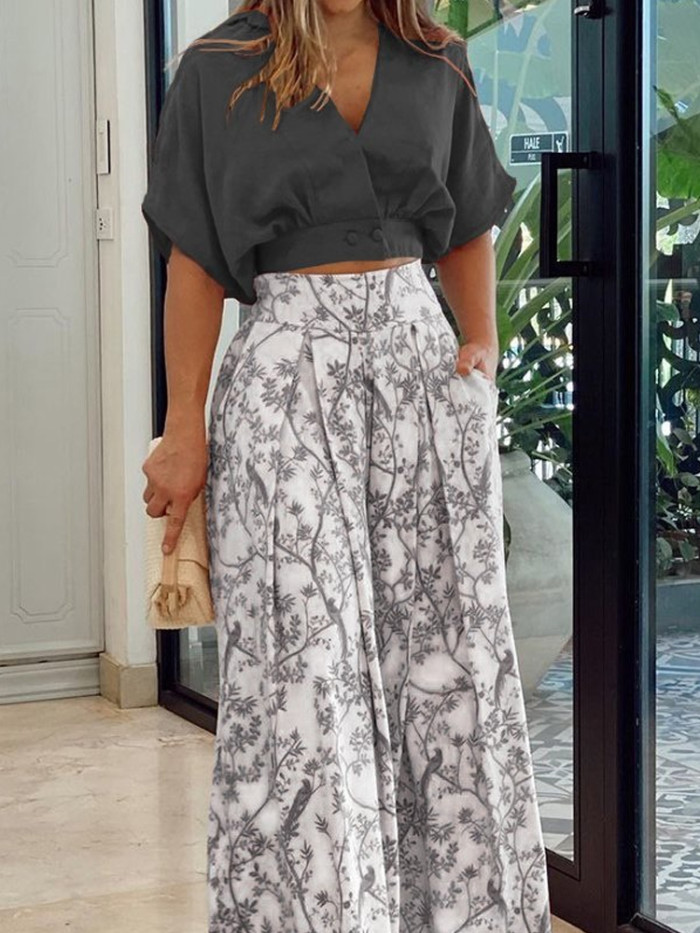 Elegant Hollow Puff Sleeve Top + Printed Wide-leg Pants  Two-piece Outfits
