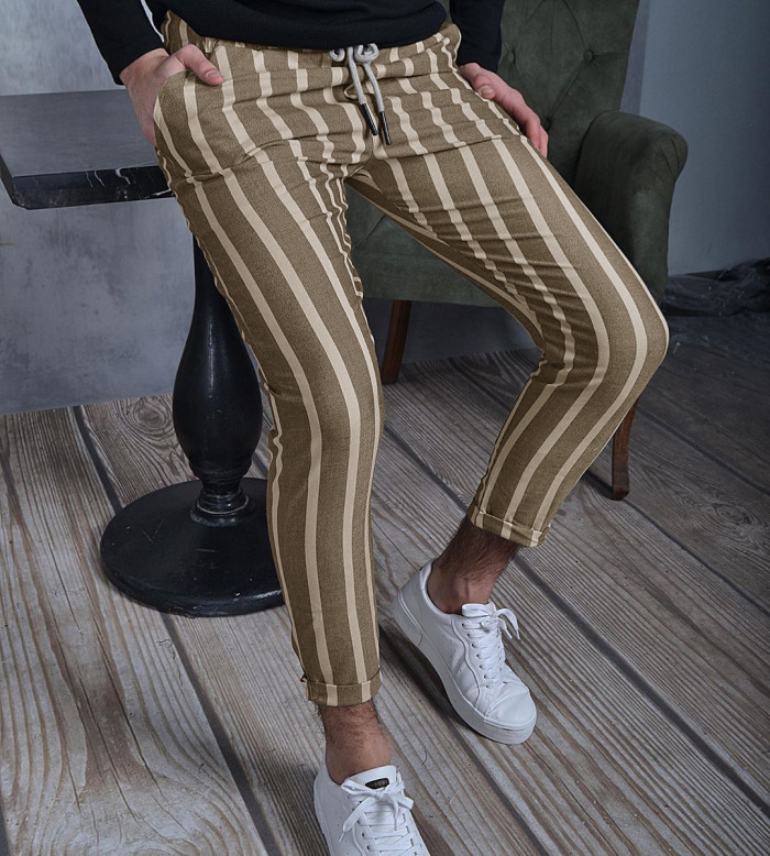 Men's Fashion Classic Stripe Print Business Casual Slim Drawstring Pants