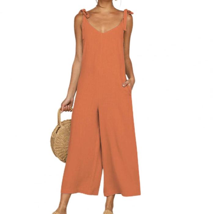 Trendy V Neck Loose Lace Backless Cargo Jumpsuit