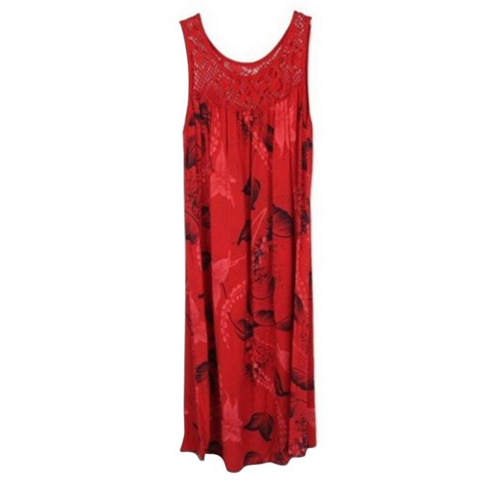 Elegant Floral Print Lace Panel Round Neck Sleeveless Loose Casual Dress