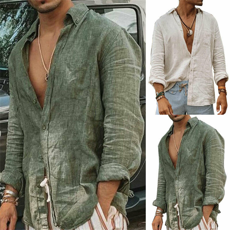 Men's Casual Cotton Linen Stand Collar Solid Color Long Sleeve Loose Blouse & Shirts