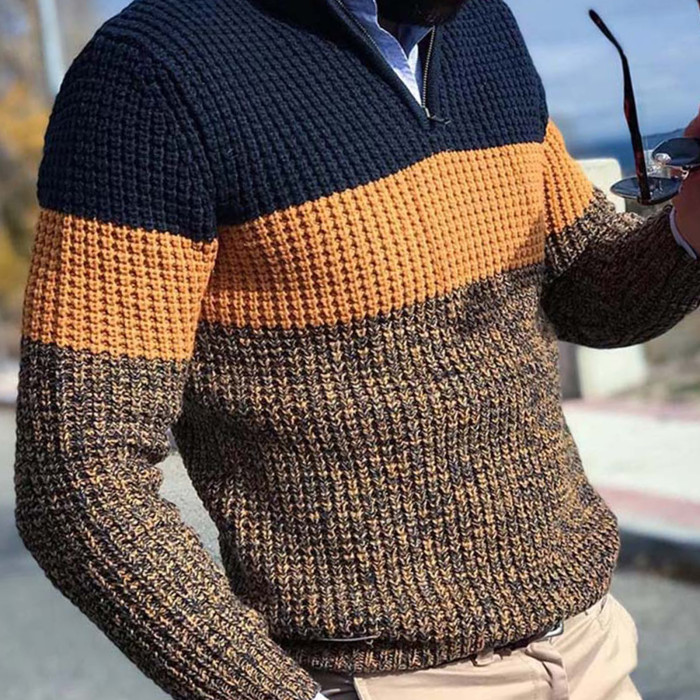 Men's Loose Fashion Long Sleeve V Neck Color Block Knit Sweater