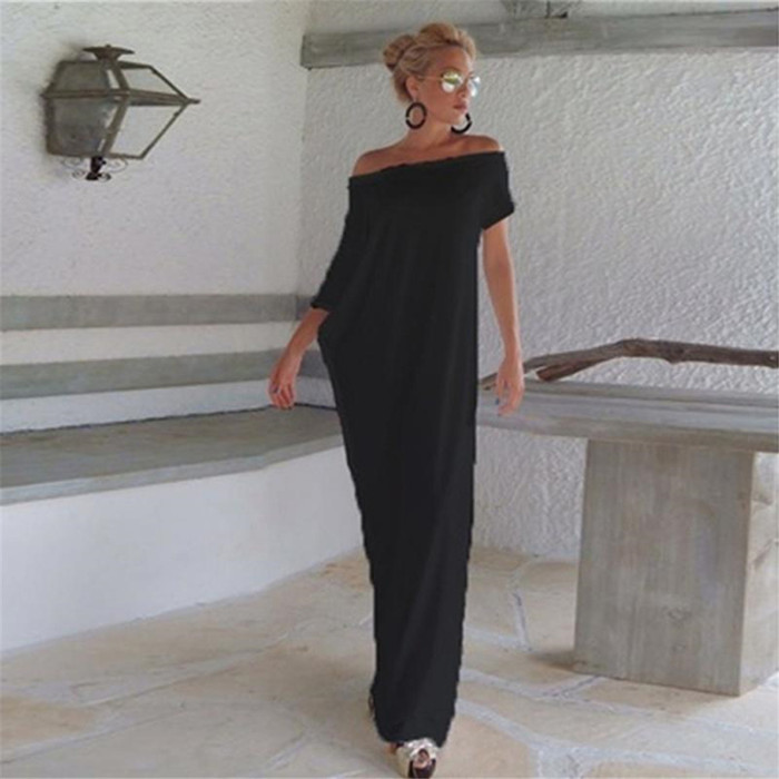 Short Sleeve Loose Solid Color Retro Irregular Bohemia Maxi Dress