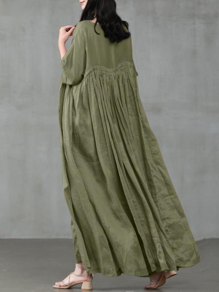 Casual Fashion Cotton Linen Round Neck Big Swing Solid Color  Maxi Dress