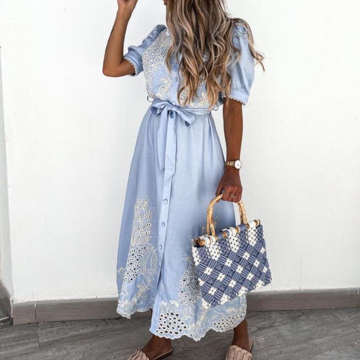 Elegant Embroidery Stand Collar Short Sleeve Hollow Out Shirt Dress