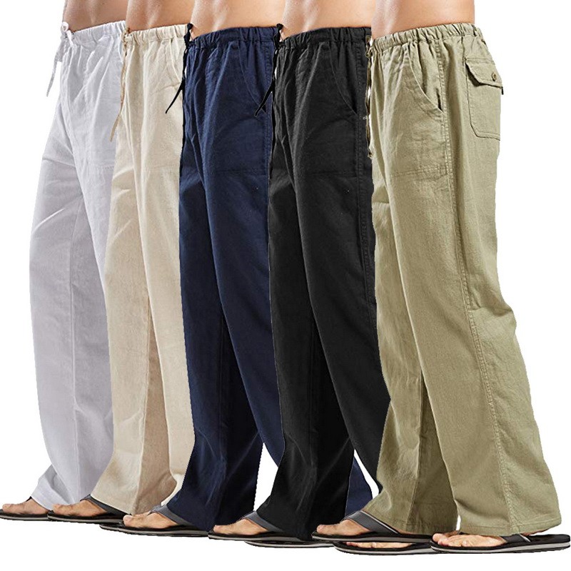 Men's Oversized Linen Casual Pockets Elastic Waist Straight Leg Loose Pants
