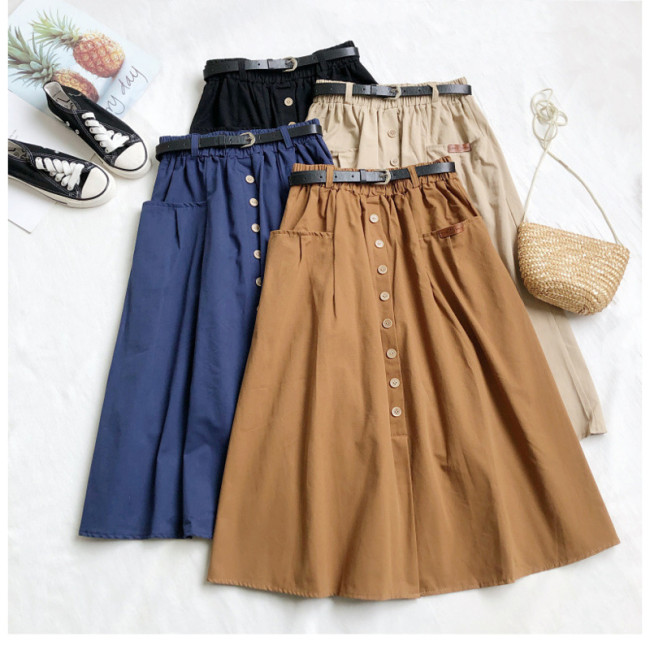 Fashion Casual Cotton Button Pocket A-Line High Waist  Skirts