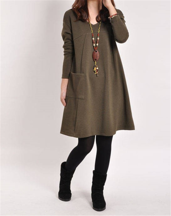 Fashion Retro Solid Color Loose Long Sleeve Pocket Casual Dress