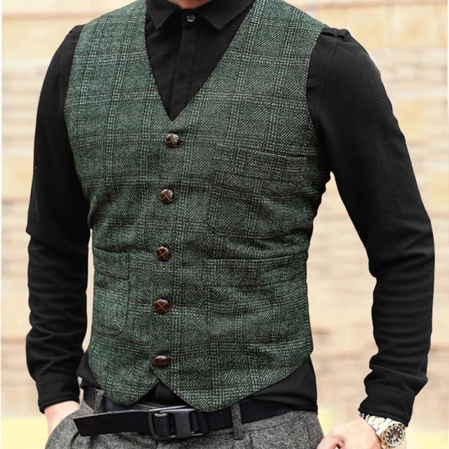 Men's Suit Solid Color Plaid Punk Stripe Tweed V Neck Slim Tank Top