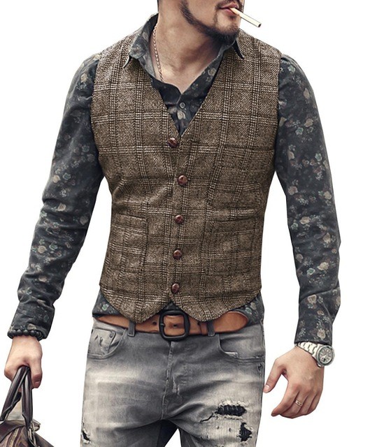 Men's Suit Solid Color Plaid Punk Stripe Tweed V Neck Slim Tank Top