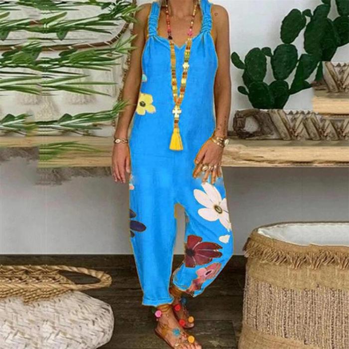 Women's Sleeveless Backless Floral Print Loose Jumpsuit