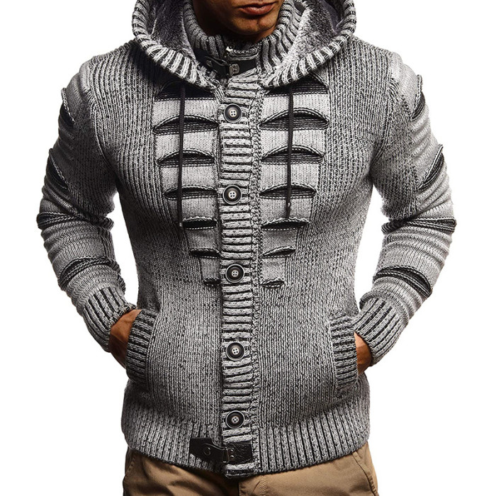 Men's Fashion Jacket Button Cardigan Street Loose Knit Sweater Hooded