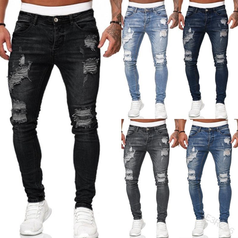 Fashion Street Men's Vintage Washed Solid Color Ripped Skinny Jeans