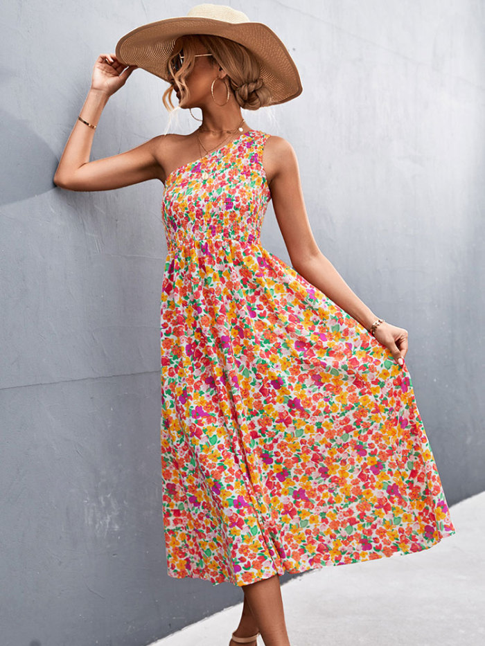 Trendy Bohemian One Shoulder Floral Elegant Print  Vacation Dress