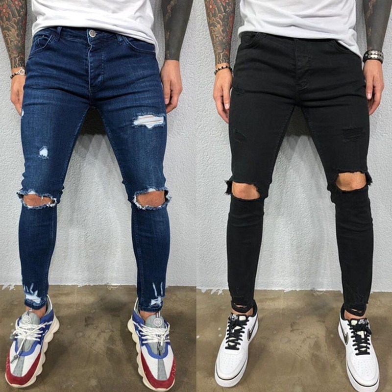 Men's Solid Color Skinny Ripped Stretch Slim Jeans