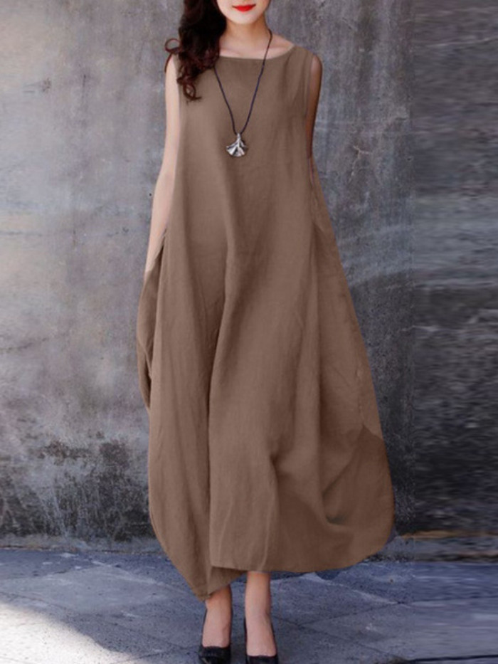 Cotton Linen Loose Autumn Casual Solid Color Round Neck Pocket  Maxi Dress