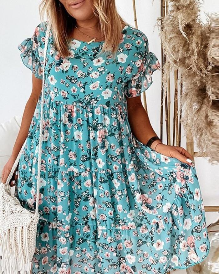 Fashion Loose Retro Ruffle Sexy Floral Party Beach  Mini Dress