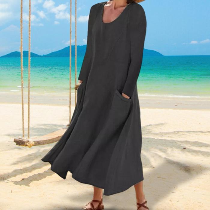 Fashion O-neck Long Sleeve Pocket Loose A-Line Retro Large Hem Maxi Dress