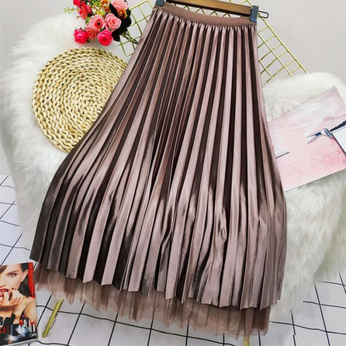 Fashion High Waist Solid Color Velvet Pleated A-Line Skirt