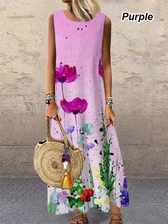 Elegant Sleeveless Flower Print Round Neck Casual Dress