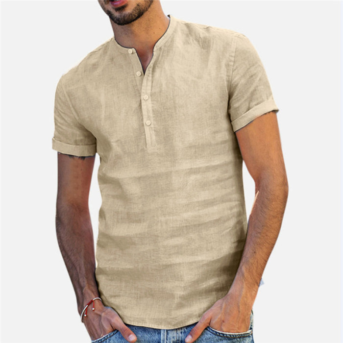 Men's Linen Short Sleeve Breathable Loose Casual Slim Solid Color Blouse & Shirts