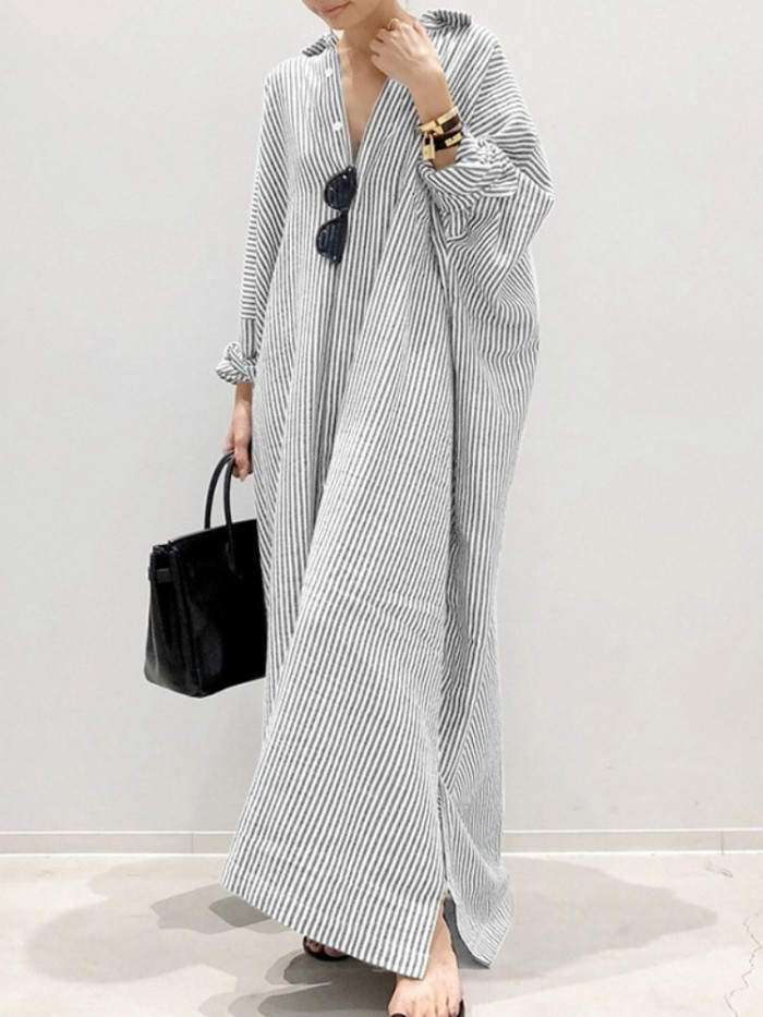 Fashion Stripe Loose Casual Irregular  Maxi Dress