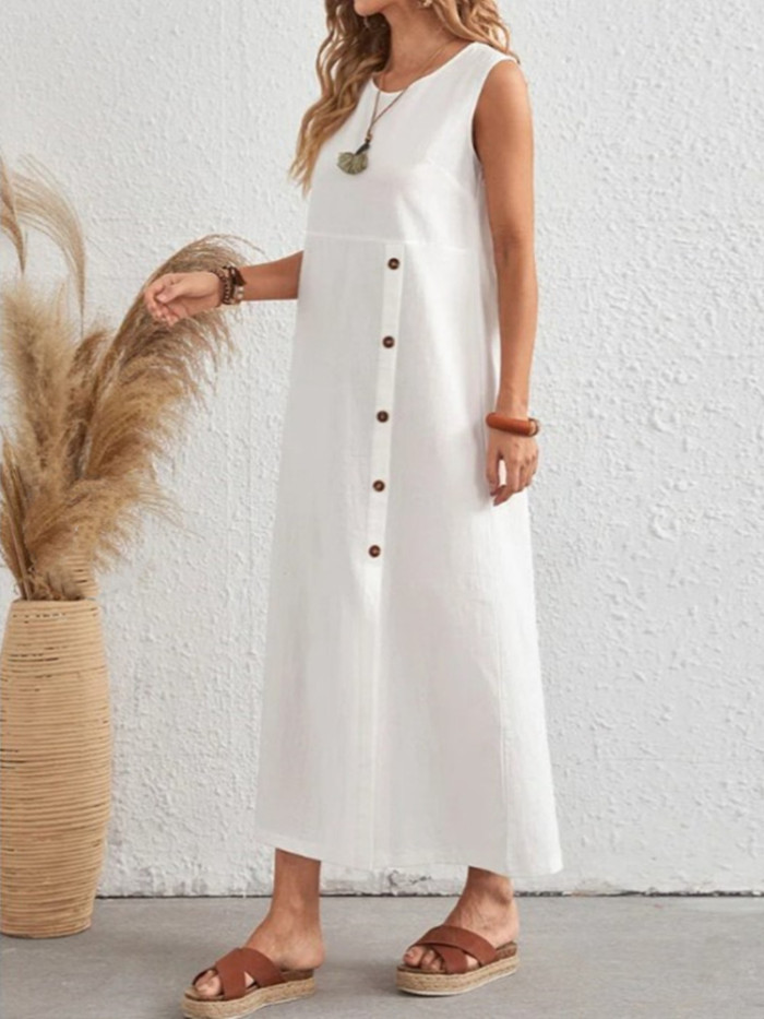 Fashion Round Neck Sleeveless Button Solid Color Cotton Linen Midi Dress