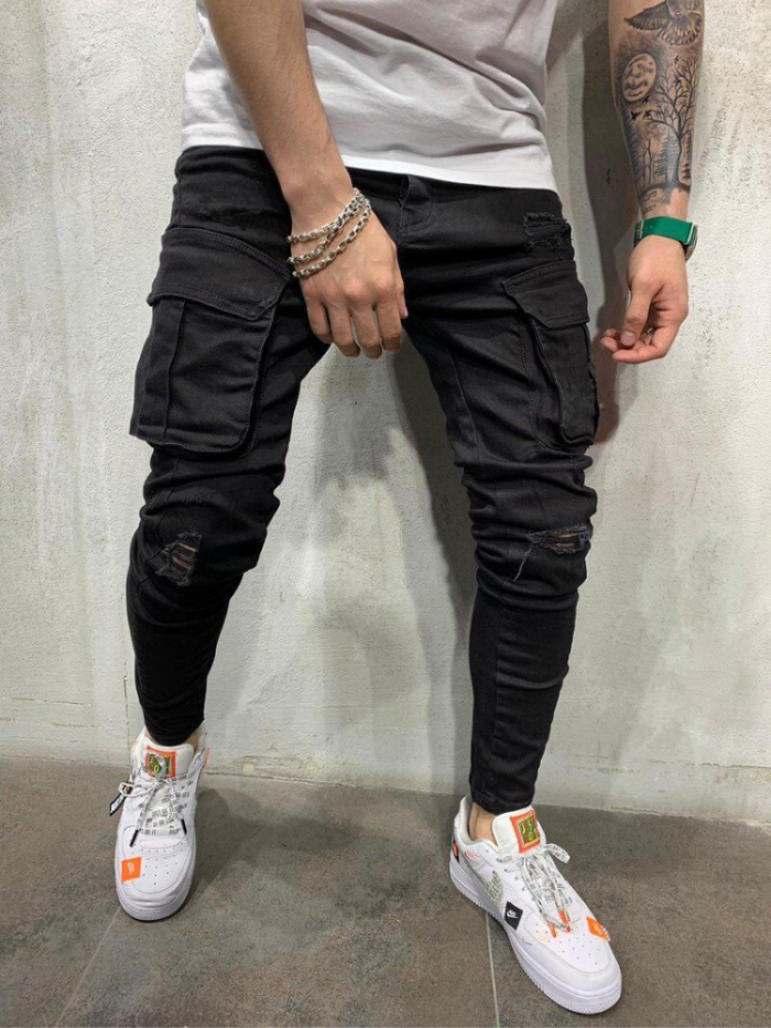 Fashion Men Stretch Casual Street High Street Multi Pocket Slim Fit Jeans