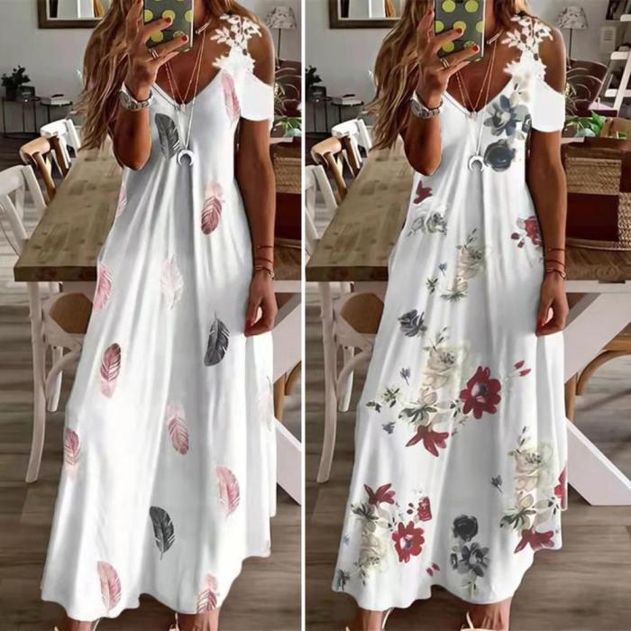Fashion Feather Print Lace Camisole Loose Cutout A Line Maxi Dress