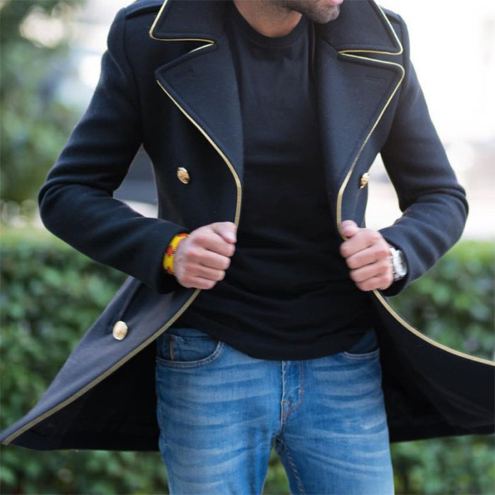 Men's Wool Coat Lapel Double Breasted Fashion Long Sleeves Jackets
