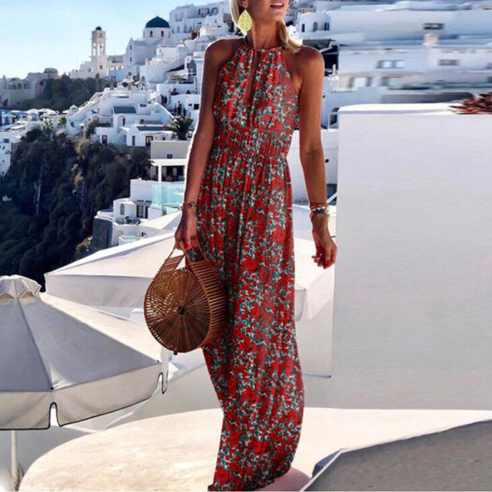 Trendy Boho Floral Print Party Elegant Backless Sleeveless  Maxi Dress