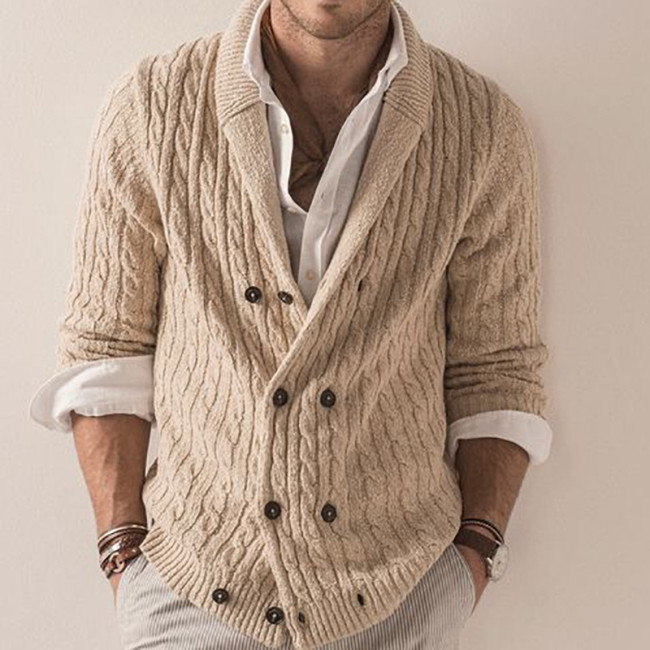 Men's Fashion Double Breasted Lapel Long Sleeve Warm Stretch Casual Cardigan