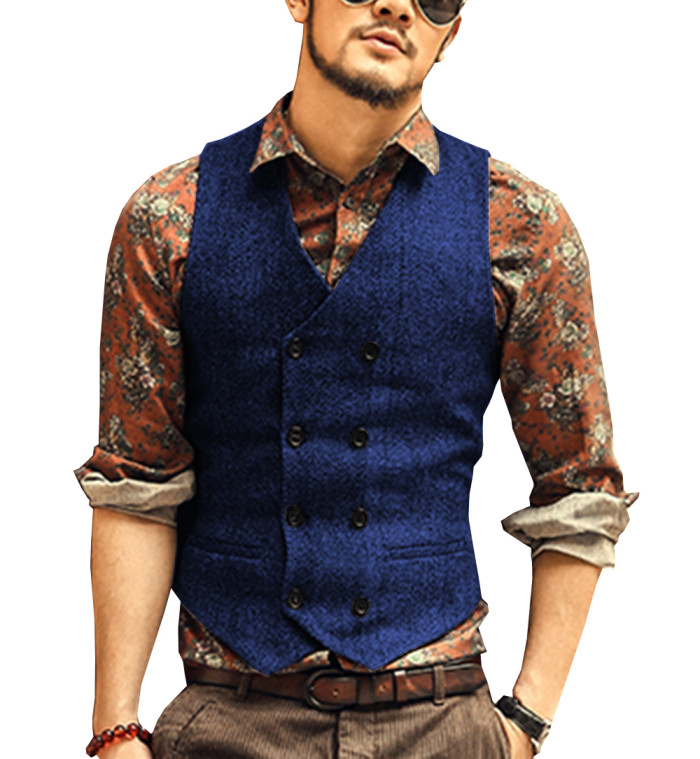 Men Fashion Casual Suit Tweed Solid Color Wedding Punk Business Vest