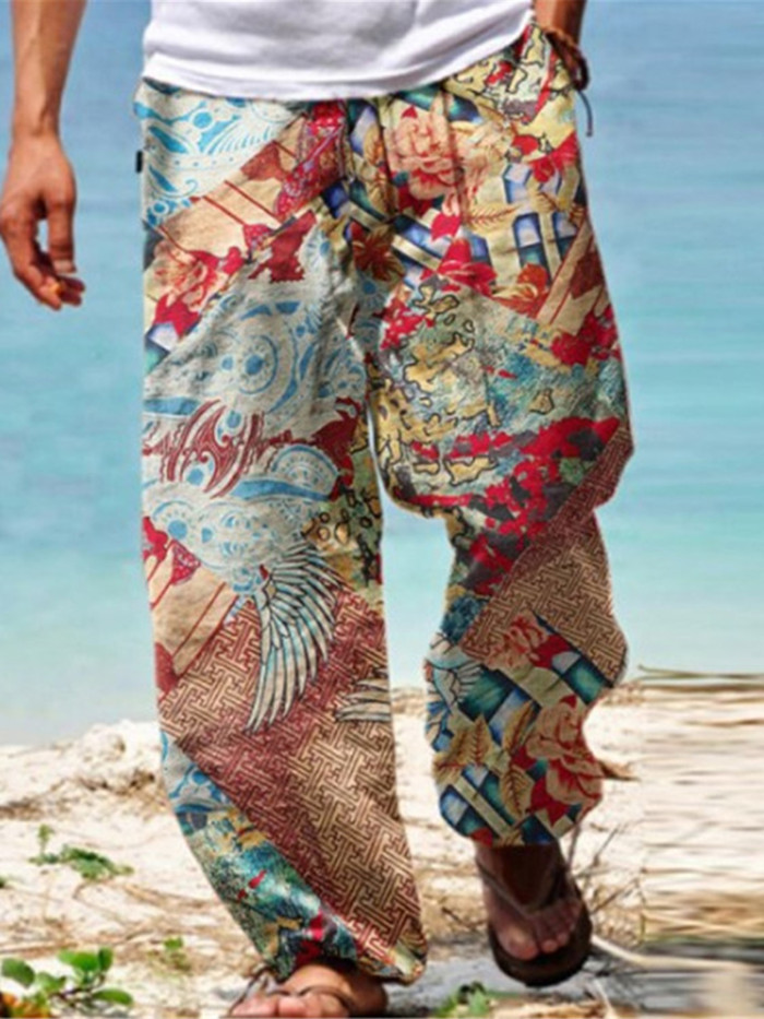 Men's Fashion Loose Casual Print Vintage Beach Wide Leg Pants
