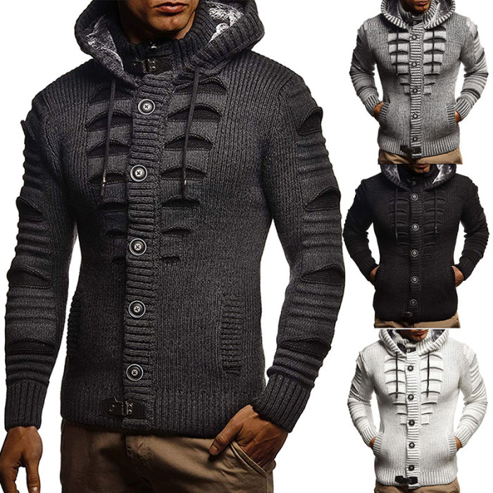 Men's Fashion Jacket Button Cardigan Street Loose Knit Sweater Hooded