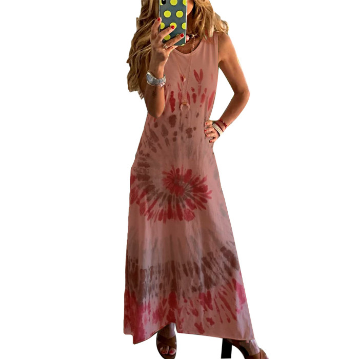 Fashion Casual Sexy O-neck Sleeveless Print Loose Maxi Dress