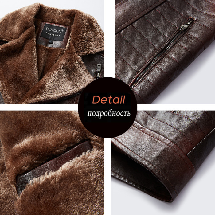 Men's Casual Motorized Distressed Leather Jacket Vintage Wool Coat