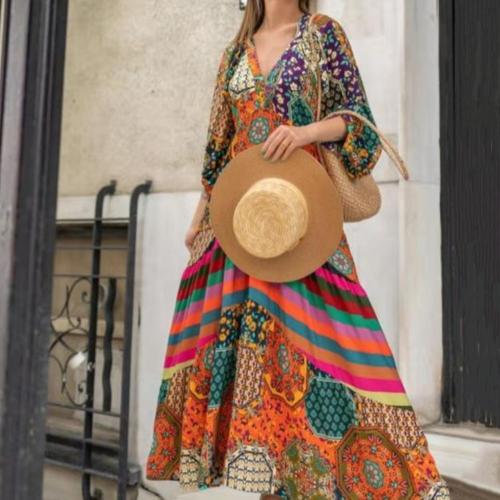 Trendy V Neck Balloon Sleeve Bohemian Vintage Print Beach Maxi Dress