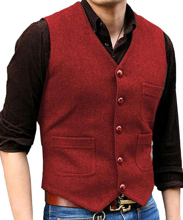 Men's Blazer V Neck Wool Herringbone Tweed Casual Formal Business Vest