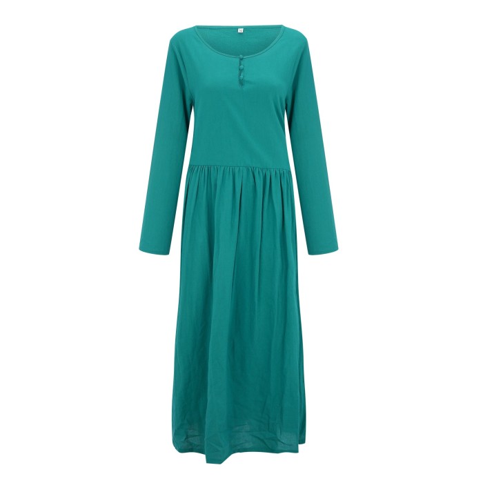 Cotton Linen Casual Loose O Neck Long Sleeve Vintage Maxi Dress