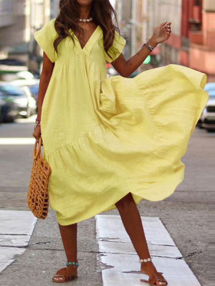 Boho Chic V Neck Solid Ruffle Asymmetric  Midi Dress