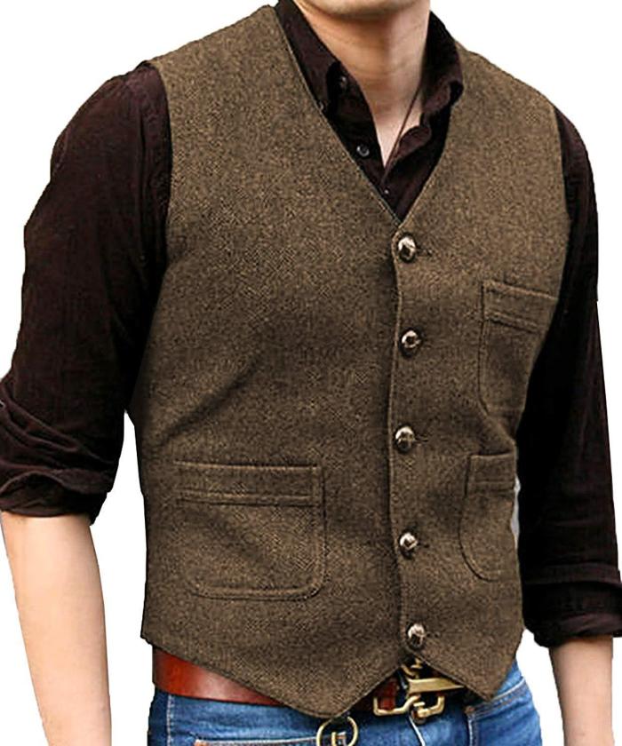 Men's Blazer V Neck Wool Herringbone Tweed Casual Formal Business Vest