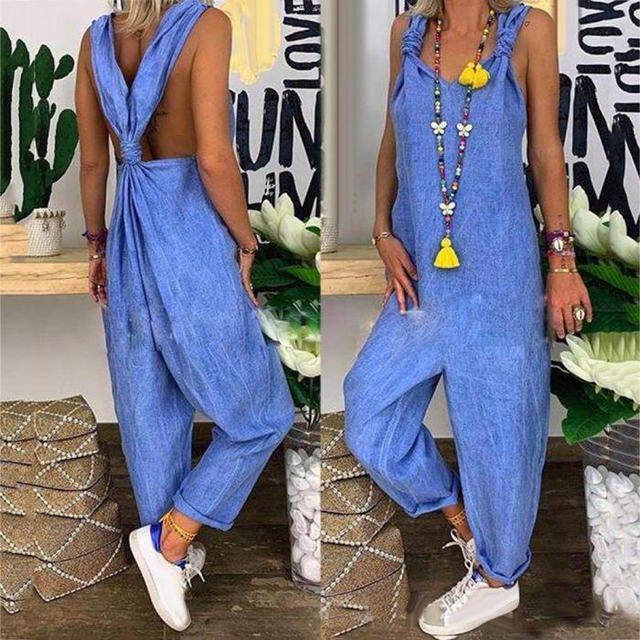 Women's Solid Color Sleeveless Backless Loose Jumpsuit