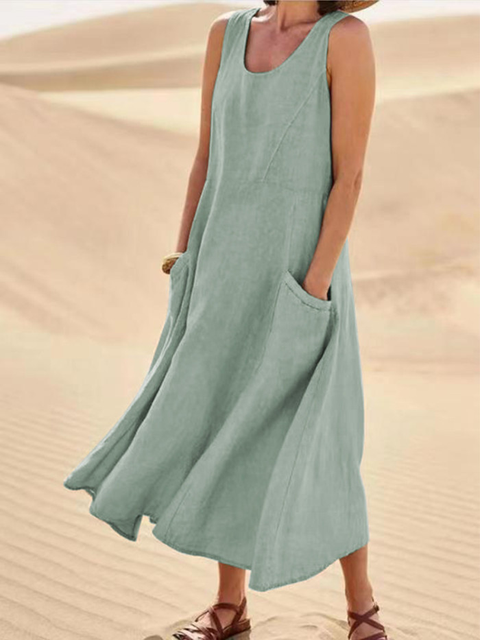Fashion Sleeveless Elegant Round Neck Cotton Linen Solid Color Retro  Maxi Dress