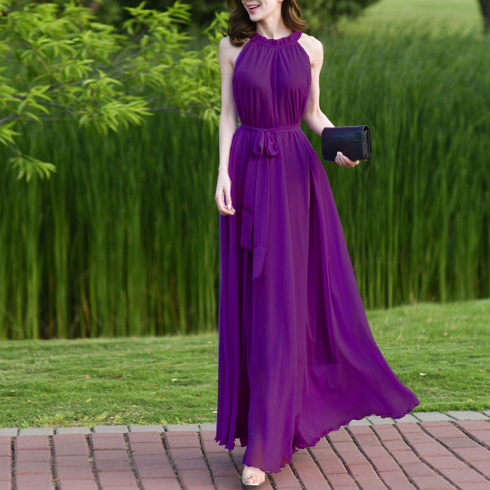 Fashion Solid Color Party Halter Neck Sleeveless Loose  Maxi Dress