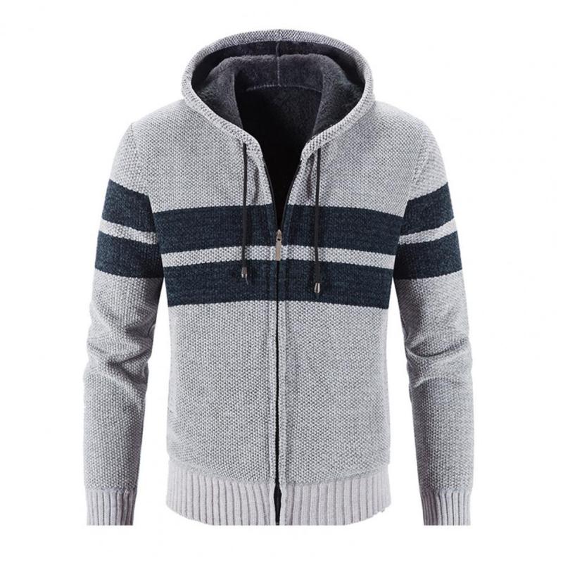 Men's Coat Zipper Long Sleeve Striped Hooded Sweater Pocket Warm Sweater