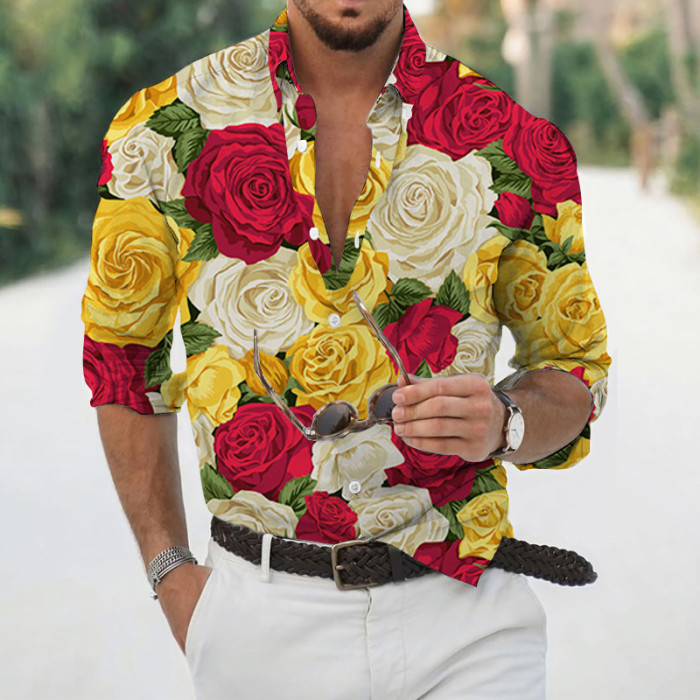 Men's 3d Print Floral Long Sleeve Holiday Oversized  Blouse & Shirts Top