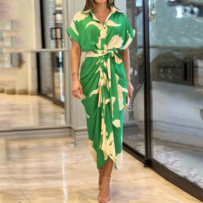 Casual Fashion Printed Lapel Button Ties Party Sexy  Midi Dress