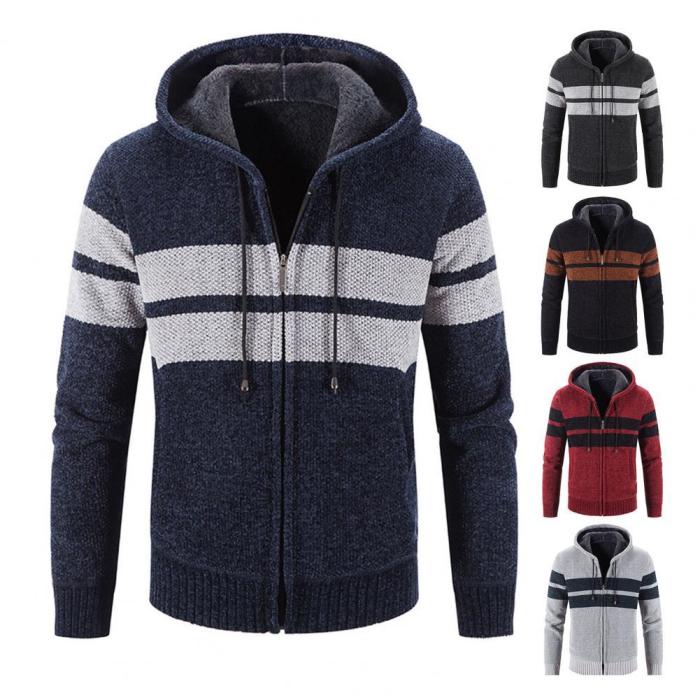 Men's Coat Zipper Long Sleeve Striped Hooded Sweater Pocket Warm Sweater